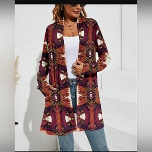 Multi Color Patchwork design long soft open front cardigan with pockets.